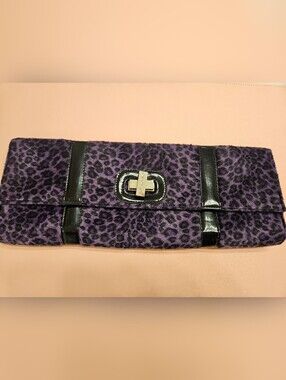 Purple Leopard Print Faux Fur Clutch with Black Trim